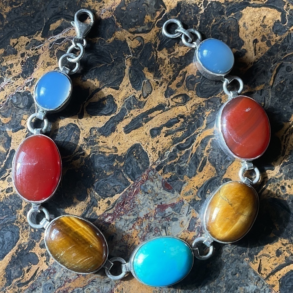 Sterling Silver 925 Turquoise/Tiger Eye/Carnelian/Blue Chalcedony Bracelet